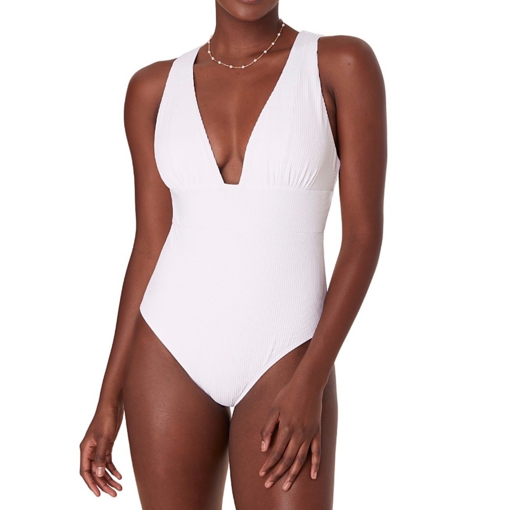 Andie Swim The Mykonos Ribbed One Piece Swimsuit White XL Deep V-Neck